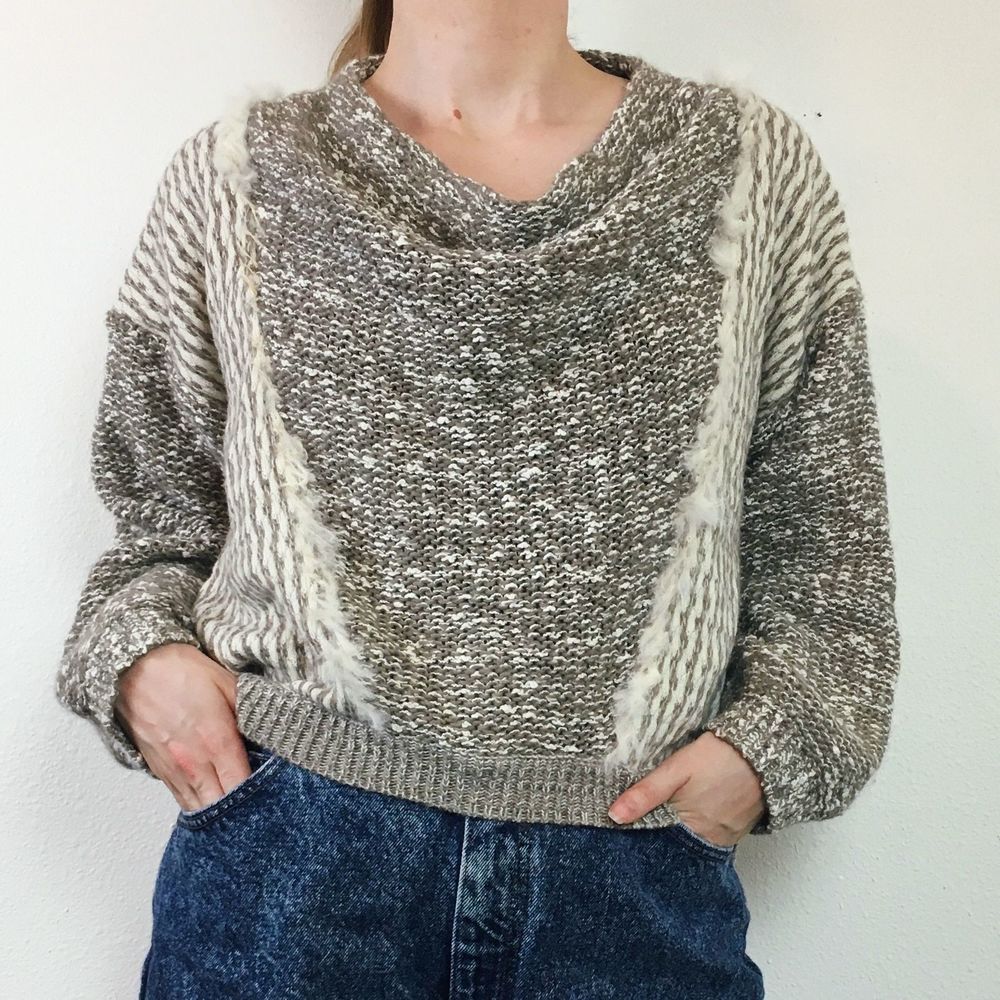 Vintage Neutral Boho Sweater Wool Blend Fur Trim